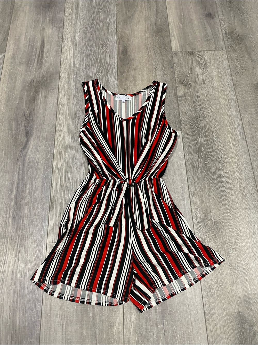 Sleeveless Striped Romper in Red, Black & White